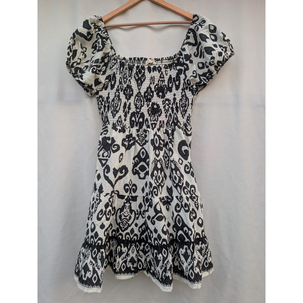 Lapogee Dress Womens 3X Black White Cotton Linen Smocked Puff Sleeve Tiered Boho